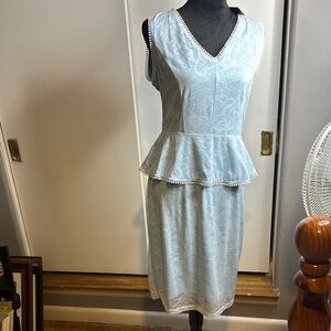 NWT Vf Light Blue Peplum Dress, L,  career, sleeveless, lace w/ pompoms, floral